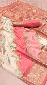 Peach & White Rangkat Zari Weaved Banarasi Silk Saree